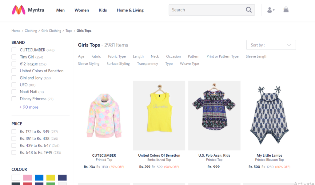 Online shopping sites like Myntra have a large variety of choices