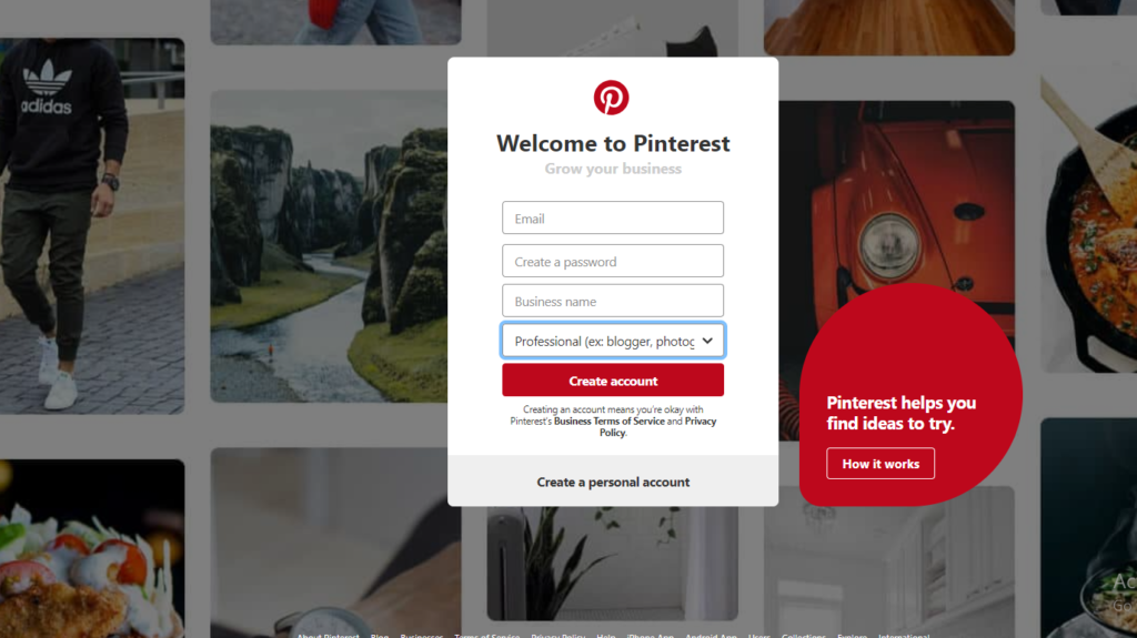 Business page login on Pinterest